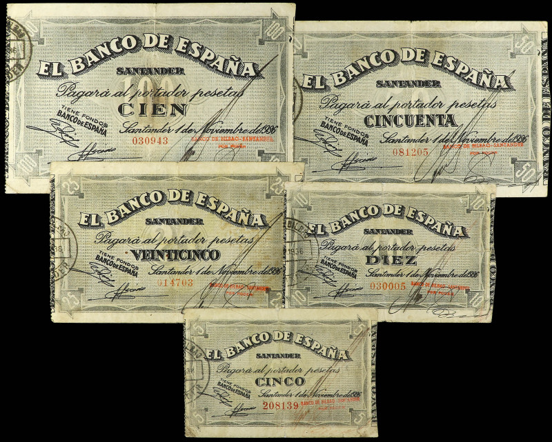 Serie 5 billetes 5, 10, 25, 50 y 100 Pesetas. 1 Noviembre 1936. EL BANCO DE ESPA...