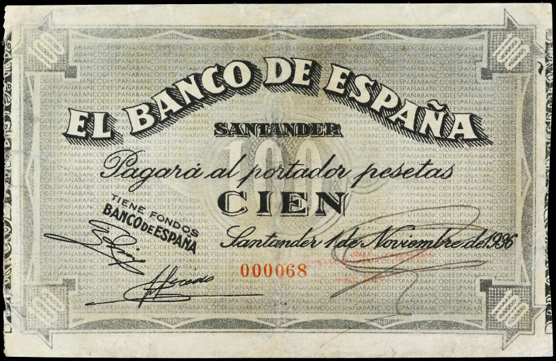 100 Pesetas. 1 Noviembre 1936. EL BANCO DE ESPAÑA. SANTANDER. Antefirma no visib...