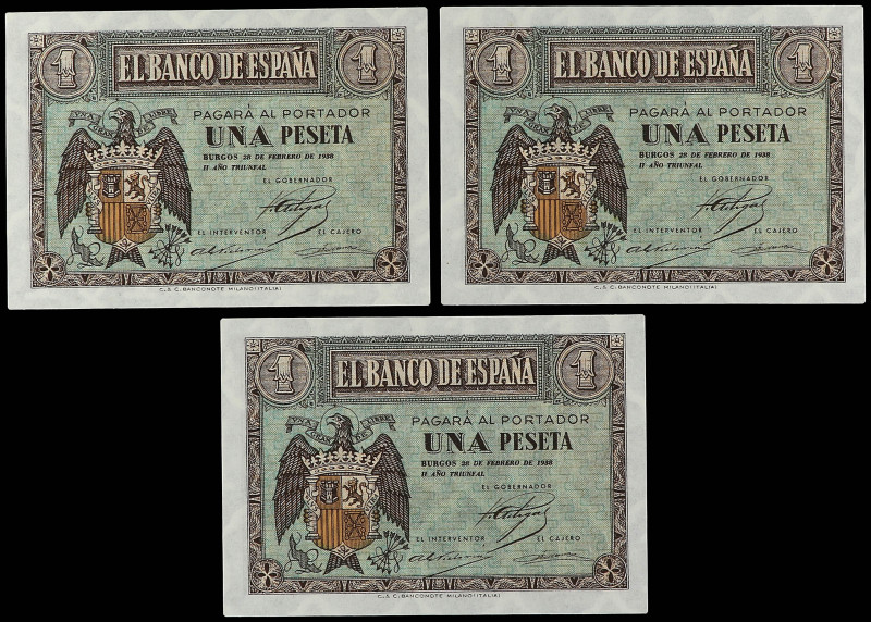 Lote 3 billetes 1 Peseta. 28 Febrero 1938. Serie B. Trío correlativo. (Levísimas...