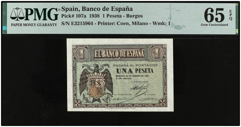 1 Peseta. 28 Febrero 1938. Precintado y garantizado por PMG como 65 EPQ GEM UNCI...