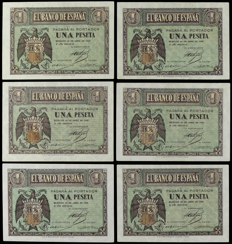 Lote 6 billetes 1 Peseta. 30 Abril 1938. Serie N. (Arruguitas, levísimas manchit...