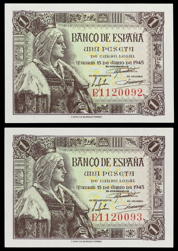 Lote 4 billetes 1 Peseta. 15 Junio 1945. Isabel La Católica. Serie E pareja corr...