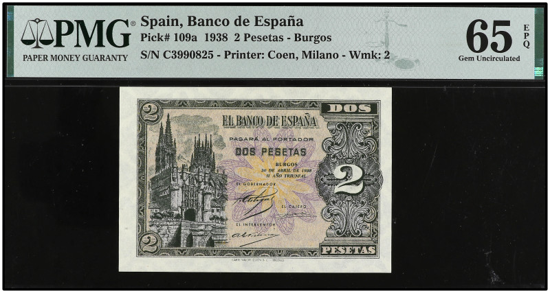 2 Pesetas. 30 Abril 1938. Precintado y garantizado por PMG como 65 EPQ GEM UNCIR...