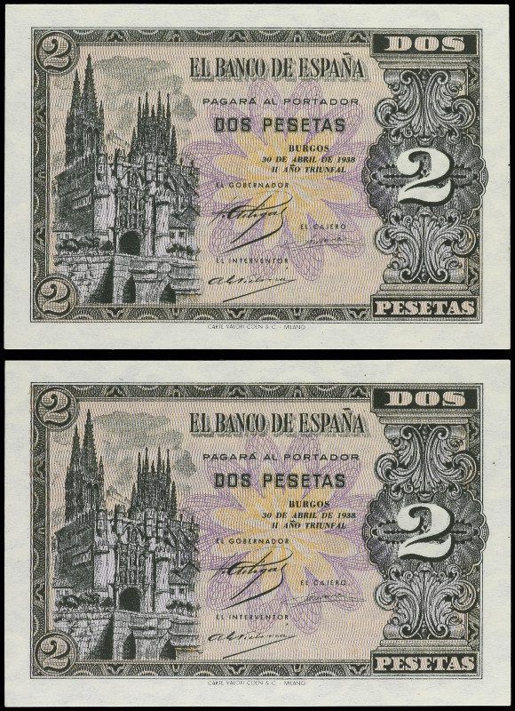 Lote 2 billetes 2 Pesetas. 30 Abril 1938. Catedral de Burgos. Serie C. Pareja co...