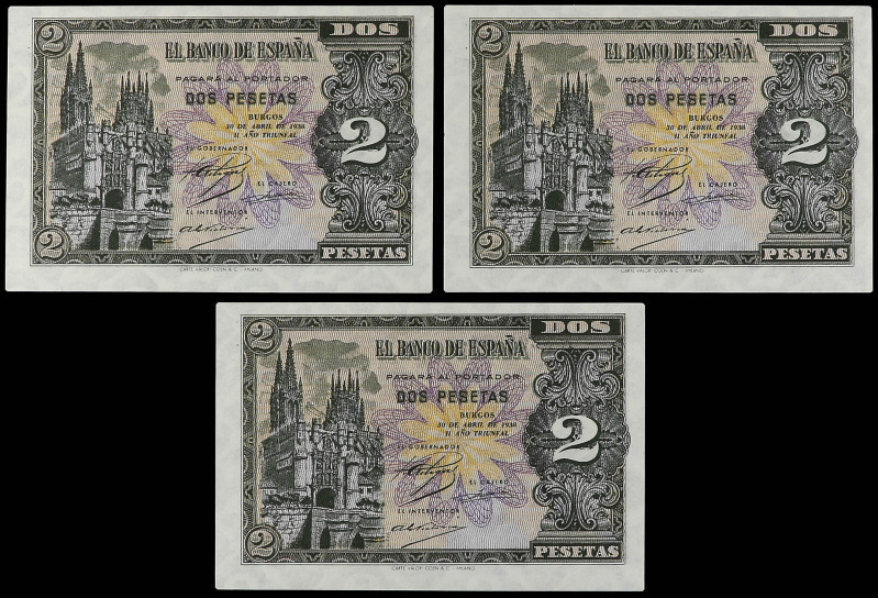 Lote 3 billetes 2 Pesetas. 30 Abril 1938. Catedral de Burgos. Serie H. Trío corr...