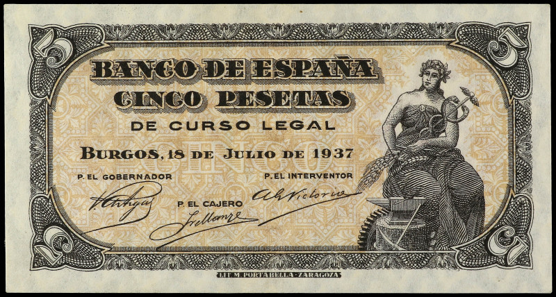 5 Pesetas. 18 Julio 1937. Portabella. Serie A. Ed-424a. MBC+.