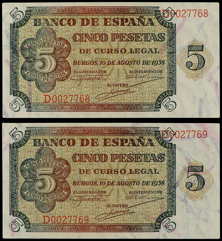 Lote 2 billetes 5 Pesetas. 10 Agosto 1938. Serie D. Pareja correlativa. Ed-435a....