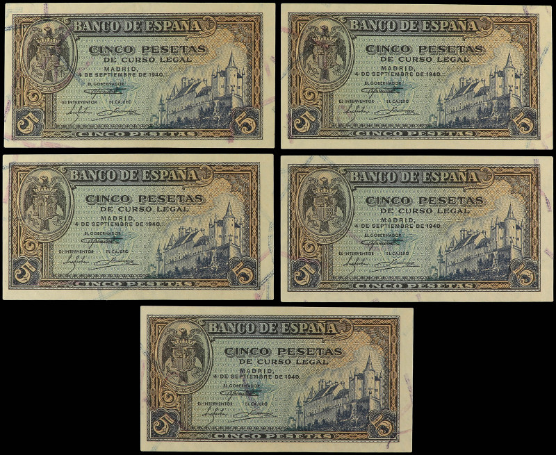 Lote 5 billetes 5 Pesetas. 4 Septiembre 1940. Alcázar de Segovia. Serie L. Todos...