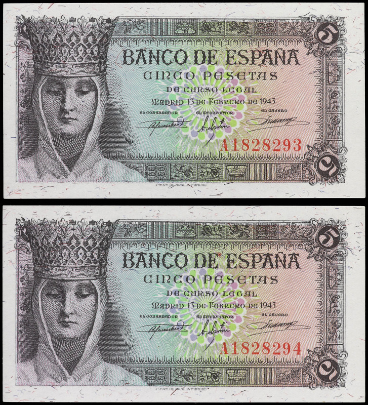 Lote 2 billetes 5 Pesetas. 13 Febrero 1943. Isabel ´La Católica´. Serie A. Parej...