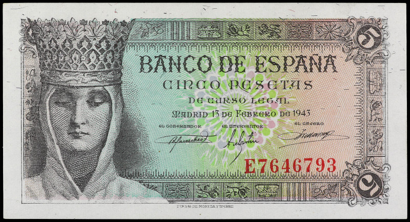 5 Pesetas. 13 Febrero 1943. Isabel ´La Católica´. Serie E. Ed-446a. SC.