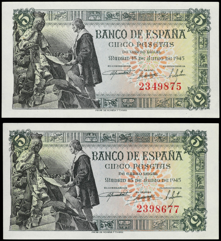 Lote 2 billetes 5 Pesetas. 15 Junio 1945. Capitulaciones de Santa Fe. Serie B. P...