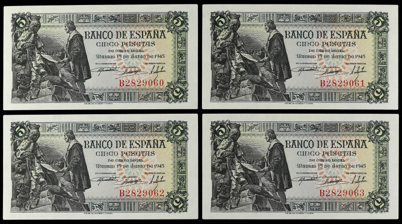 Lote 4 billetes 5 Pesetas. 15 Junio 1945. Capitulaciones de Santa Fe. Serie B. C...