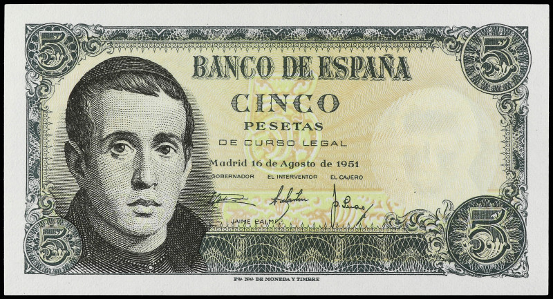 5 Pesetas. 16 Agosto 1951. Balmes. Sin Serie. Ed-459. SC.