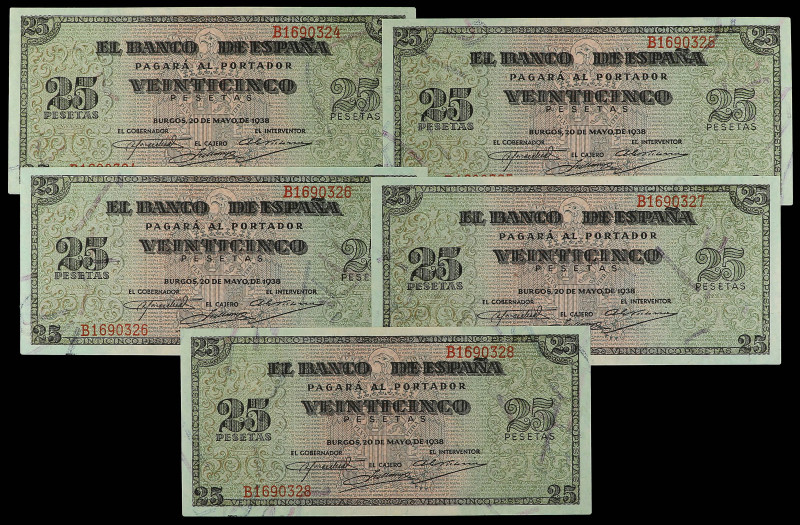 Lote 5 billetes 25 Pesetas. 20 Mayo 1938. Giralda de Sevilla. Serie B. Todos cor...