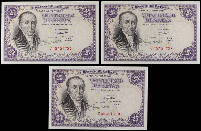 Lote 3 billetes 25 Pesetas. 19 Febrero 1946. Flórez Estrada. Serie C. Trío corre...