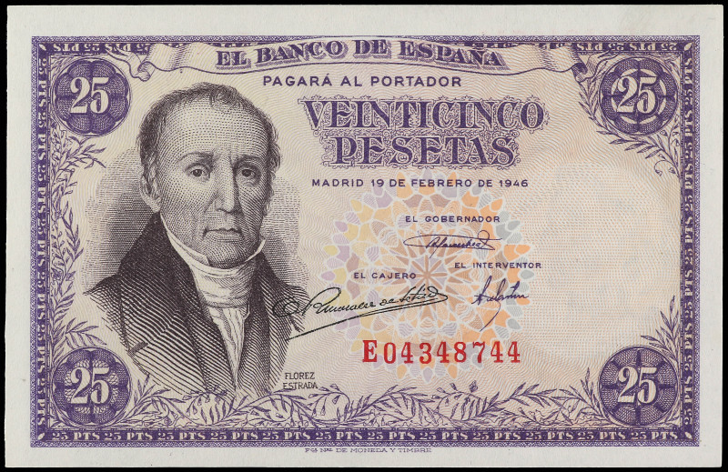 25 Pesetas. 19 Febrero 1946. Flórez Estrada. Serie E. Ed-450a. SC.