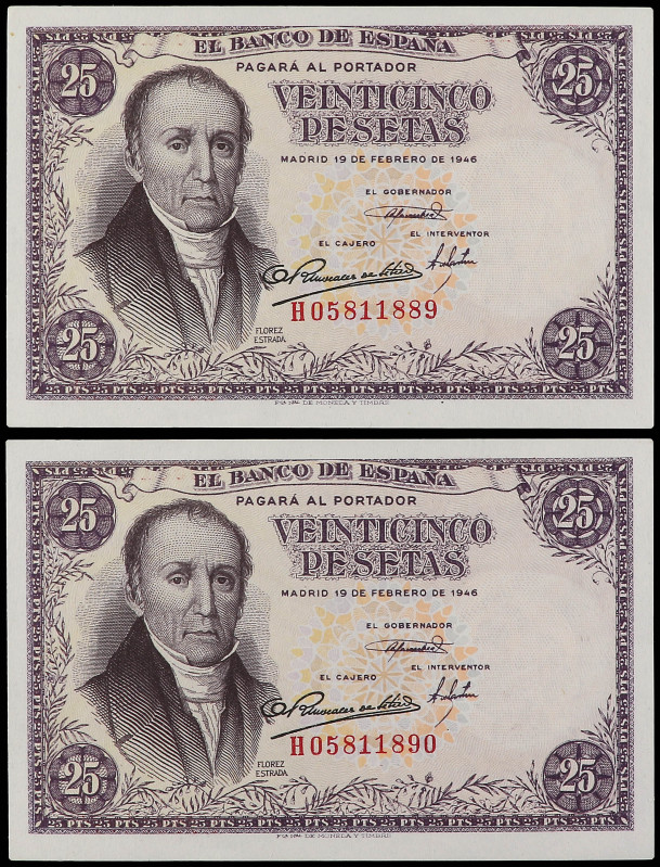 Lote 2 billetes 25 Pesetas. 19 Febrero 1946. Flórez Estrada. Serie H. Pareja cor...