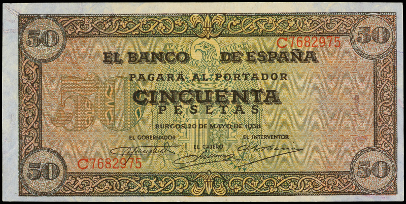 50 Pesetas. 20 Mayo 1938. Castillo de Olite. Serie C. Ed-431a. EBC-.