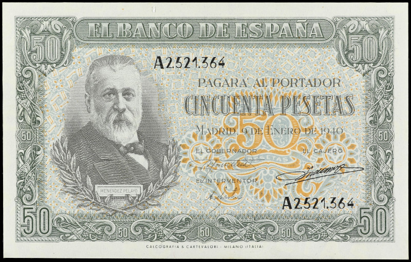 50 Pesetas. 9 Enero 1940. Menéndez Pelayo. Serie A. Ed-437. SC.