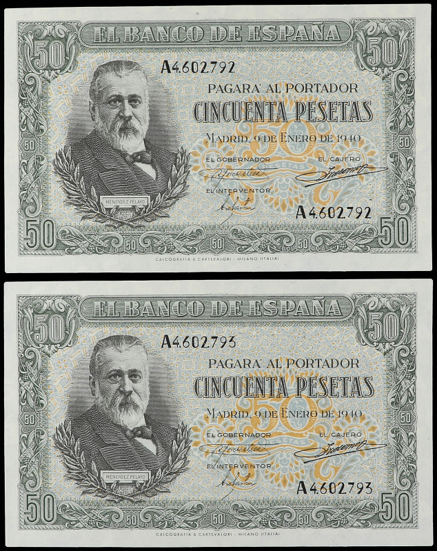 Lote 2 billetes 50 Pesetas. 9 Enero 1940. Menéndez Pelayo. Serie A. Pareja corre...