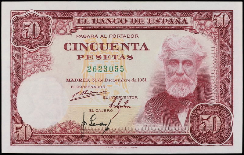 50 Pesetas. 31 Diciembre 1951. Rusiñol. Sin Serie. Ed-462. SC.