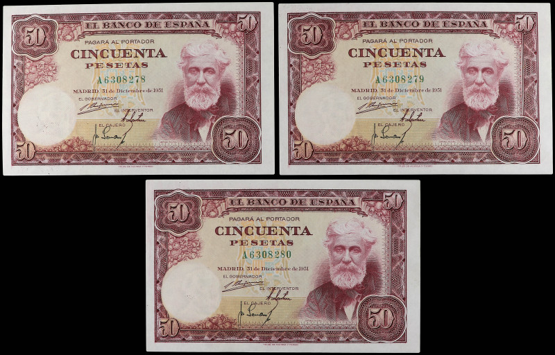 Lote 3 billetes 50 Pesetas. 31 Diciembre 1951. Rusiñol. Serie A. Trío correlativ...