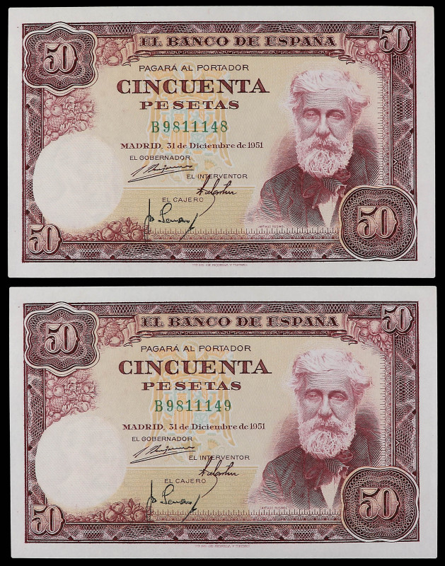 Lote 2 billetes 50 Pesetas. 31 Diciembre 1951. Rusiñol. Serie B. Pareja correlat...