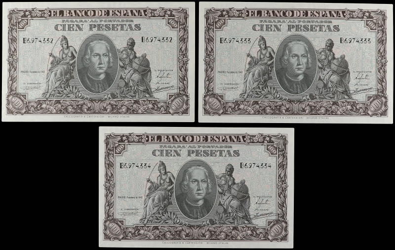 Lote 3 billetes 100 Pesetas. 9 Enero 1940. Colón. Serie B. Trio correlativo. (Ar...