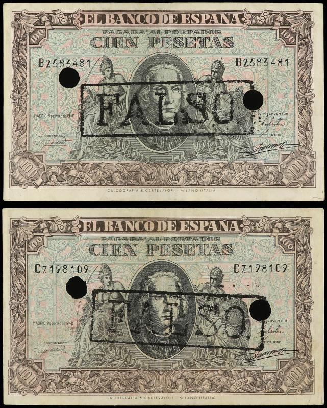 Lote 2 billetes 100 pesetas. 9 Enero 1940. Colón. Serie B y C. FALSOS DE ÉPOCA. ...