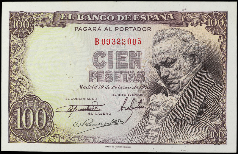 100 Pesetas. 19 Febrero 1946. Goya. Serie B. (Puntos de óxido). Ed-451b. EBC+.