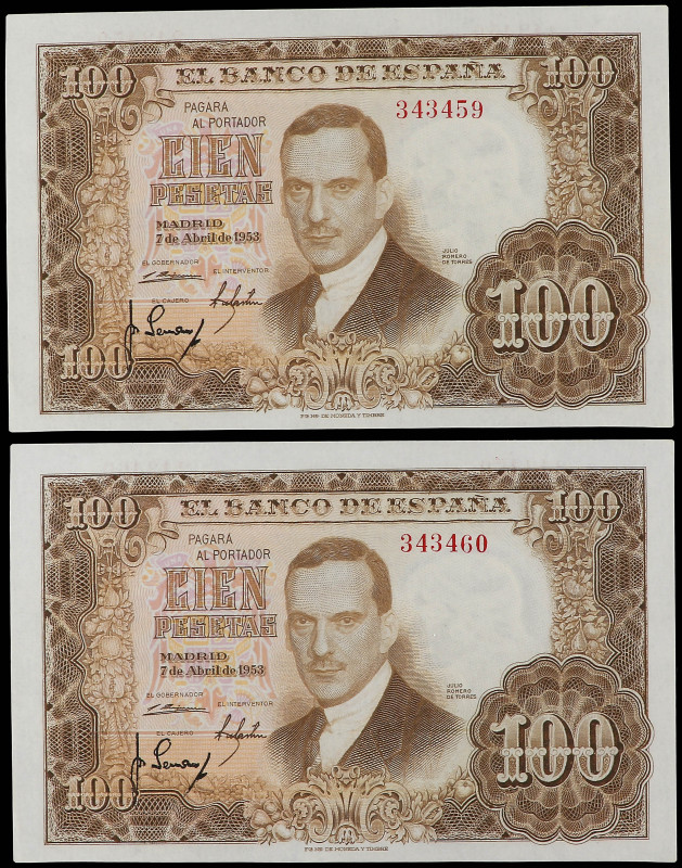 Lote 2 billetes 100 Pesetas. 7 Abril 1953. Romero de Torres. Sin serie. Pareja c...