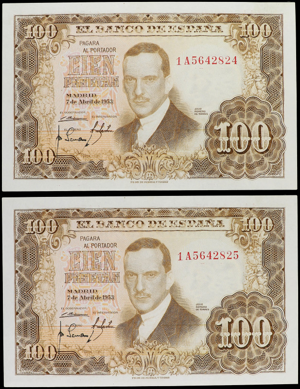 Lote 2 billetes 100 Pesetas. 7 Abril 1953. Romero de Torres. Serie 1A. Pareja co...