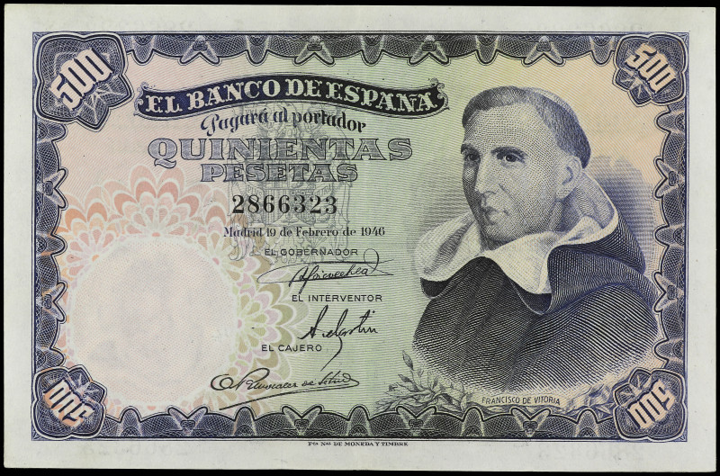 500 Pesetas. 21 Febrero 1946. Francisco de Vitoria. Ed-452. EBC.