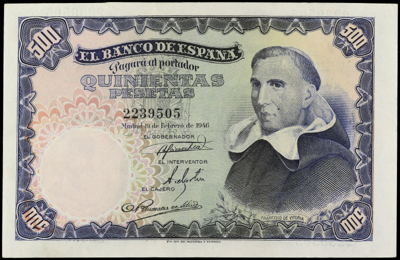 500 Pesetas. 19 Febrero 1946. Francisco de Vitoria. Ed-452. EBC-.