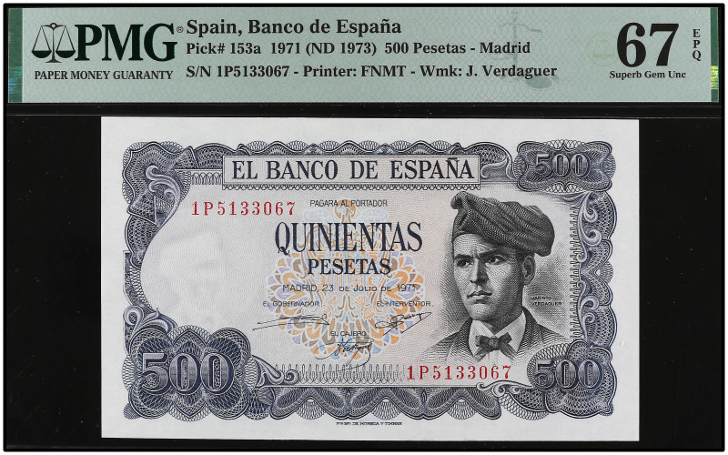 500 Pesetas. 23 Julio 1971. Precintado y garantizado por PMG como 67 EPQ SUPERB ...