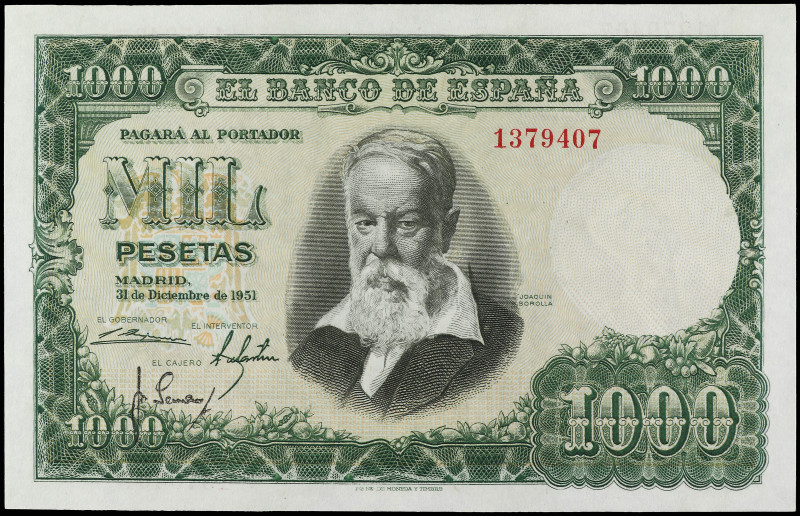 1.000 Pesetas. 31 Diciembre 1951. Sorolla. Sin Serie. Ed-463. EBC.