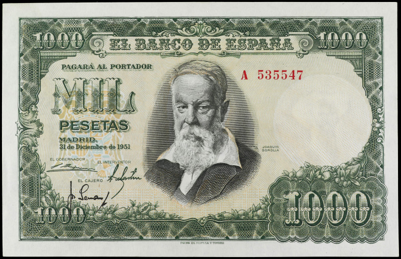 1.000 Pesetas. 31 Diciembre 1951. Sorolla. Serie A. Ed-463a. EBC.