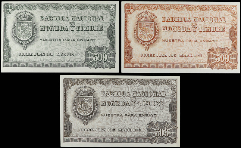 Lote 3 billetes Muestra para ensayo. Prueba calcográfica 509. FÁBRICA NACIONAL D...