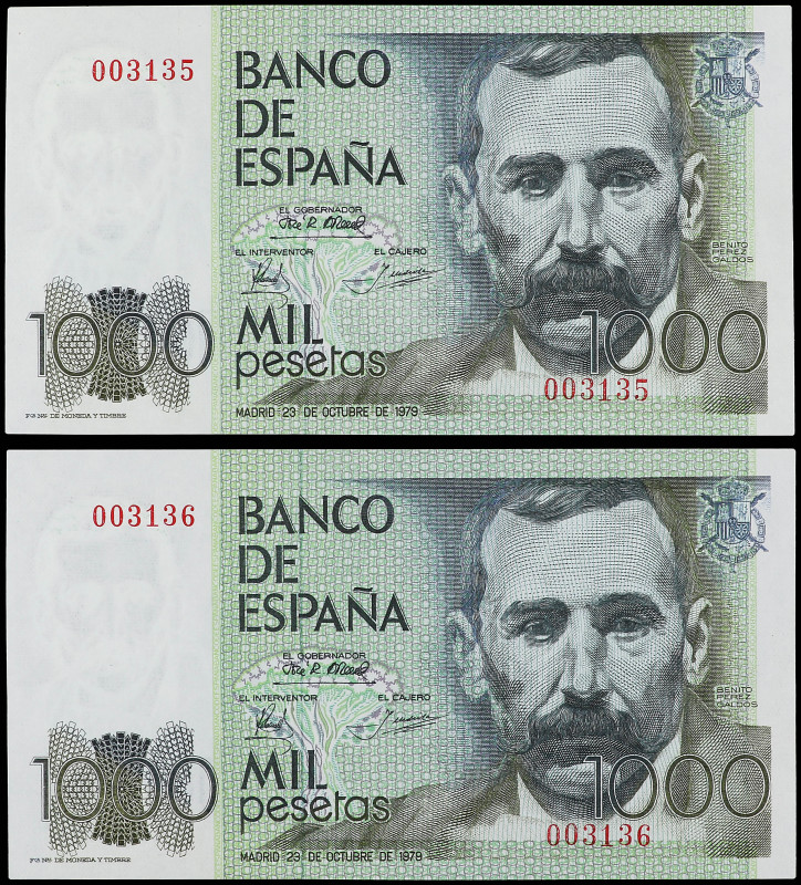 Lote 2 billetes 1.000 Pesetas. 23 Octubre 1979. Pérez Galdós. Sin serie. Pareja ...