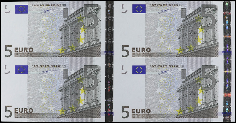 Lote 16 billetes 5 Euros. 2002. Serie X, impresos en Alemania. En cuatro bloques...