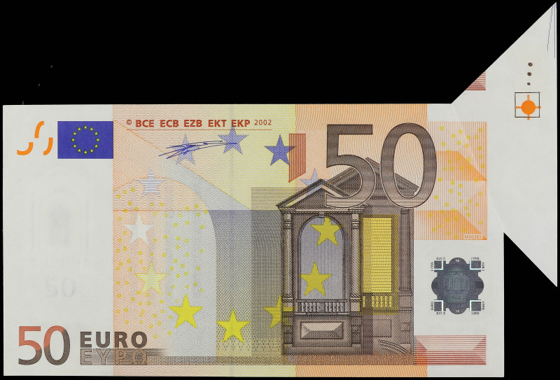 50 Euros. 2002. ERROR: fuelle. Billete mal cortado por pliegue en el momento del...