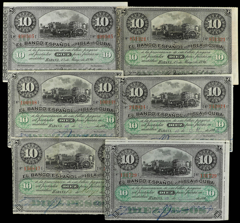 Lote 6 billetes 10 Pesos. 15 Mayo 1896. EL BANCO ESPAÑOL DE LA ISLA DE CUBA. cua...