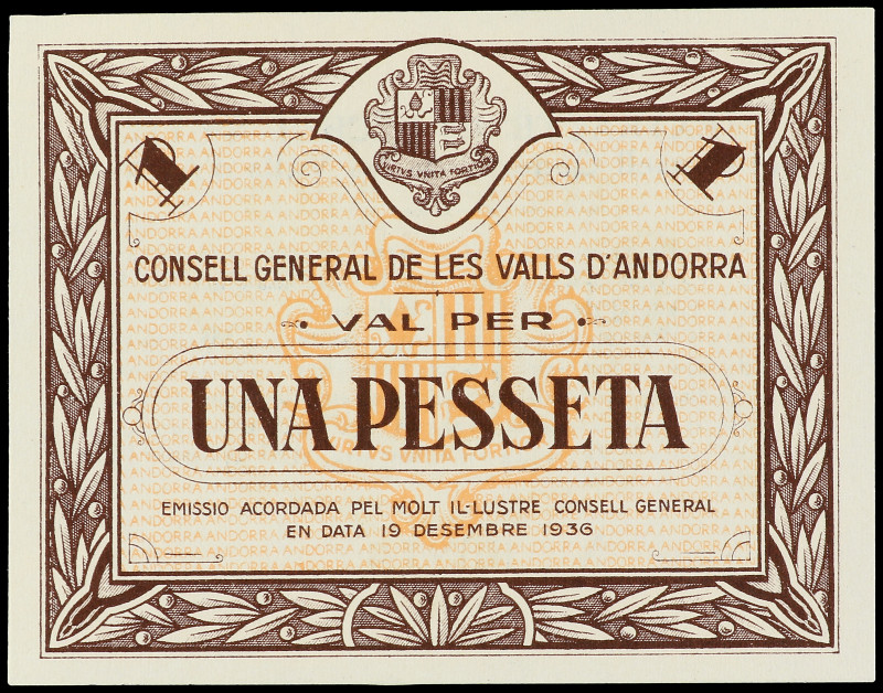 1 Pesseta. 19 Desembre 1936. CONSELL GENERAL DE LES VALLS D´ ANDORRA. Emisión ma...