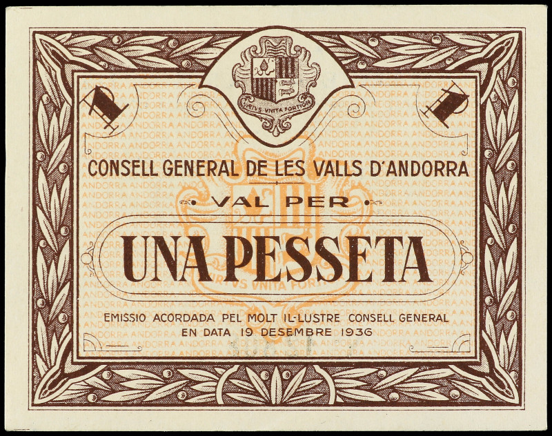 1 Pesseta. 19 Desembre 1936. CONSELL GENERAL DE LES VALLS D´ ANDORRA. Emisión ma...