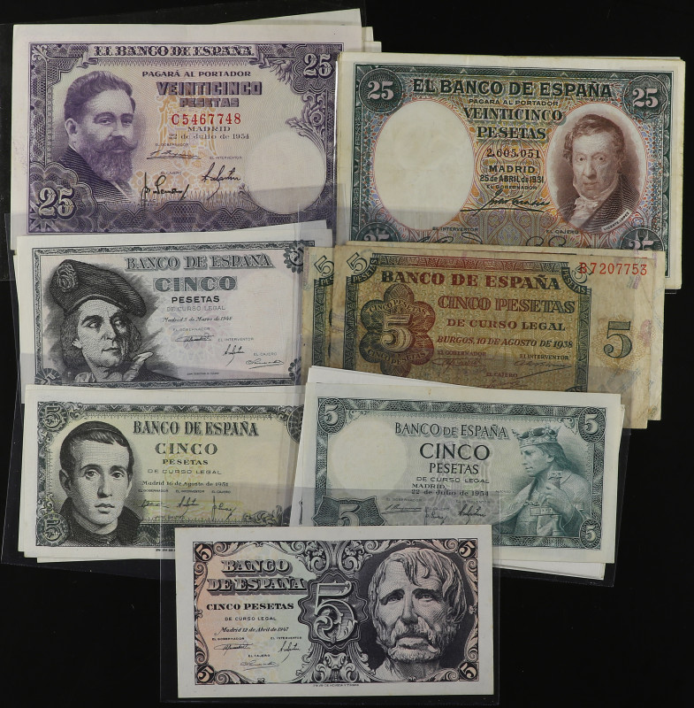 Lote 34 billetes 5 (19) y 25 Pesetas (15). 1931 a 1954. A EXAMINAR. MBC- a SC-.