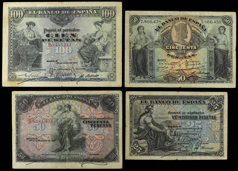 Lote 4 billetes 25, 50 (2) y 100 Pesetas. 1906 y 1907. 1906: 25 Ptas. Sin Serie,...