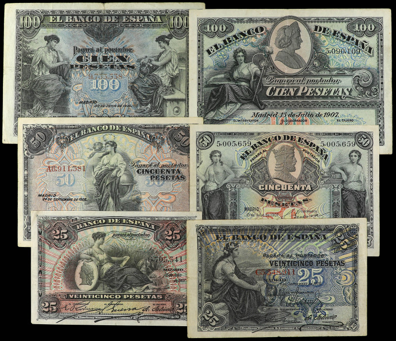 Lote 6 billetes 25 a 100 Pesetas. 1906 a 1907. Todos diferentes. A EXAMINAR. MBC...