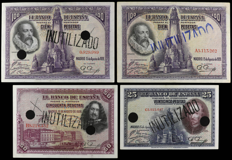 Lote 4 billetes 25, 50 y 100 Pesetas (2). 15 Agosto 1928. Calderon, Velazquez, 2...