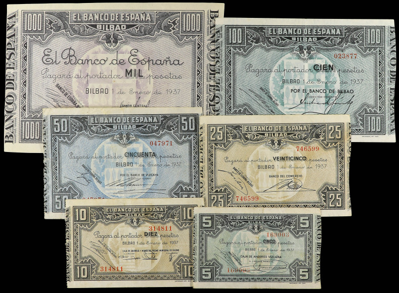 Lote 10 billetes 5 a 1.000 Pesetas. 1936 a 1937. EL BANCO DE ESPAÑA. BILBAO. 4x ...