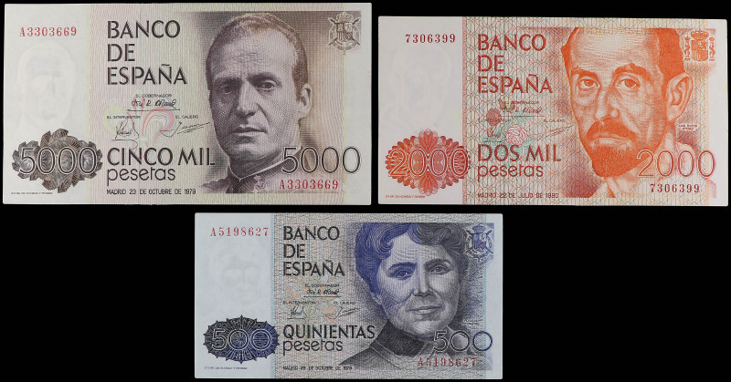 Lote 3 billetes 500, 2.000 y 5.000 Pesetas. 1979 y 1980. Rosalía de Castro serie...